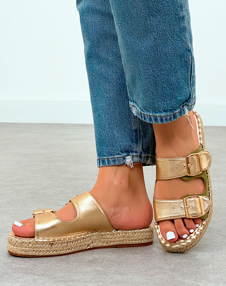 Mules Femme Bicolores Vert et Doré à Semelle en Corde – Fusion de Couleurs