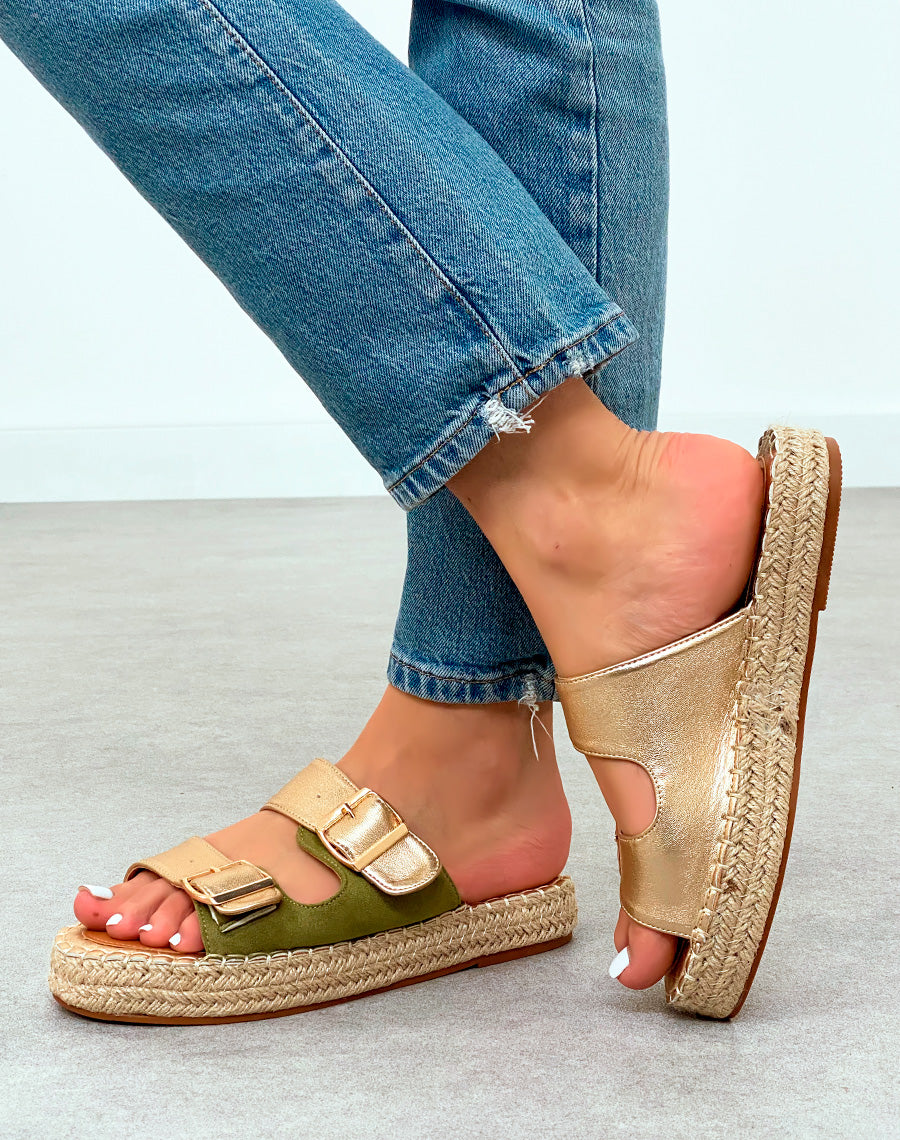 Mules Femme Bicolores Vert et Doré à Semelle en Corde – Fusion de Couleurs