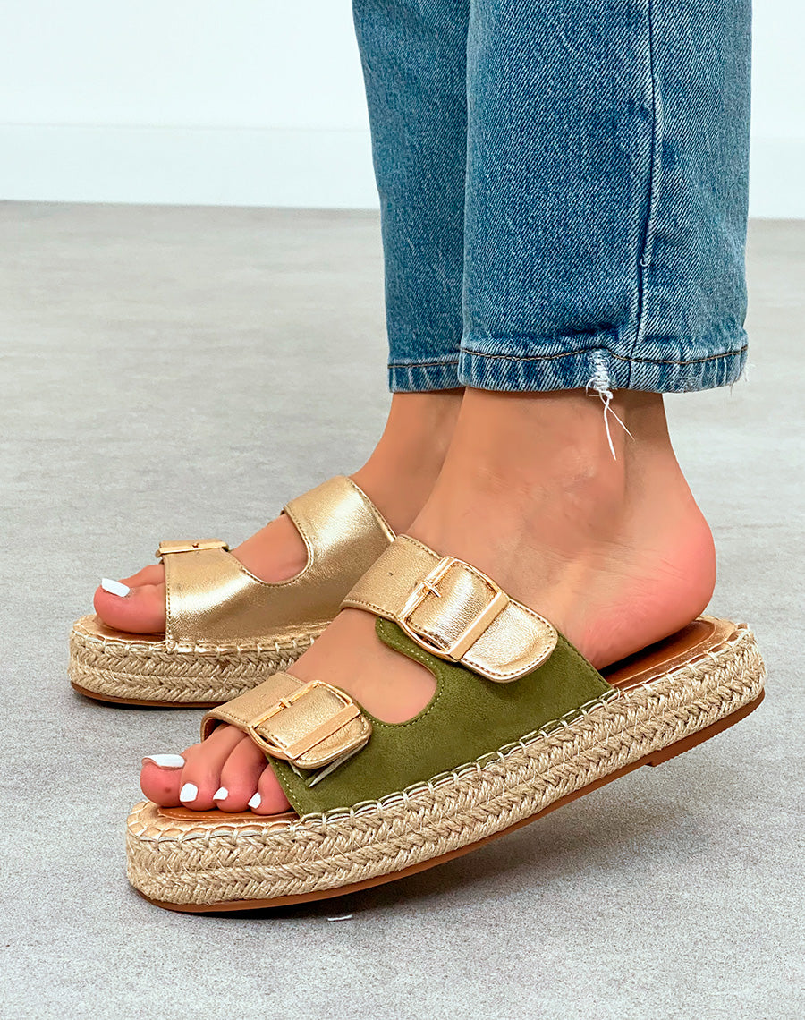 Mules Femme Bicolores Vert et Doré à Semelle en Corde – Fusion de Couleurs