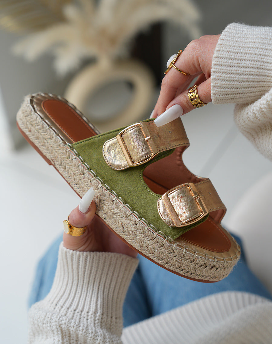 Mules Femme Bicolores Vert et Doré à Semelle en Corde – Fusion de Couleurs