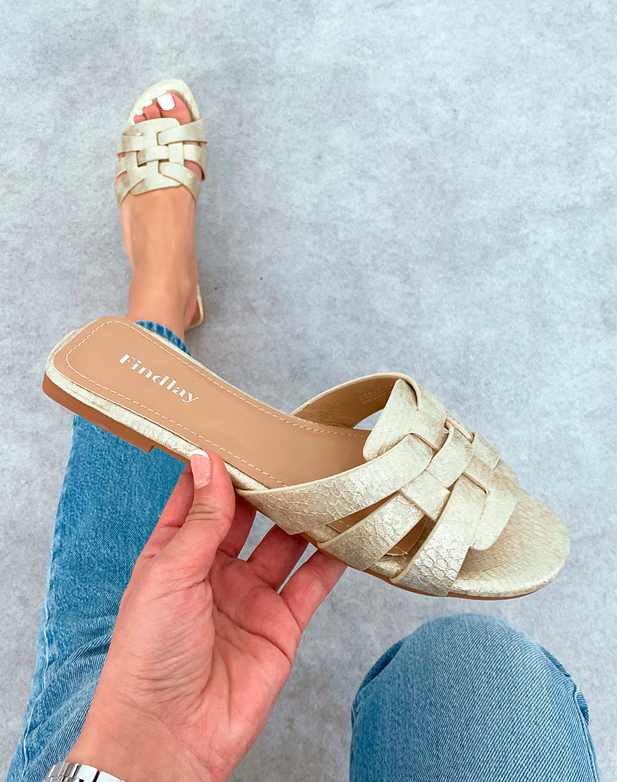 Mules Femme Dorée Élégante avec Brides Entrecroisées Effet Croco