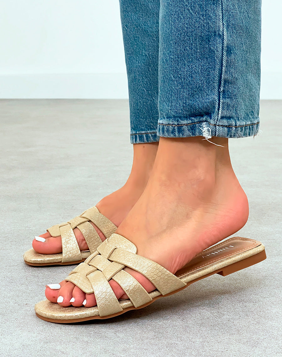 Mules Femme Dorée Élégante avec Brides Entrecroisées Effet Croco