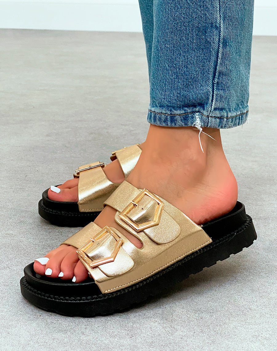 Mules Femme Dorées Chic à Double Sangle et Boucle Dorée
