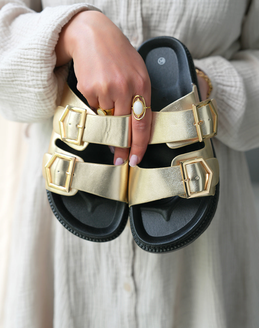 Mules Femme Dorées Chic à Double Sangle et Boucle Dorée