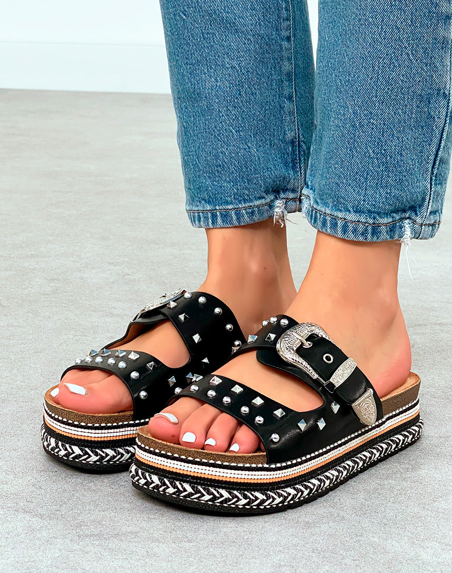 Mules Femme Noires Cloutées à Plateforme Tissée Noir et Blanc