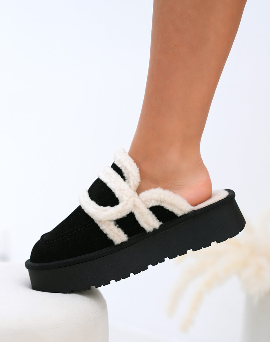 Mules femme noires en suédine cuir fourrée à plateforme et semelle crantée