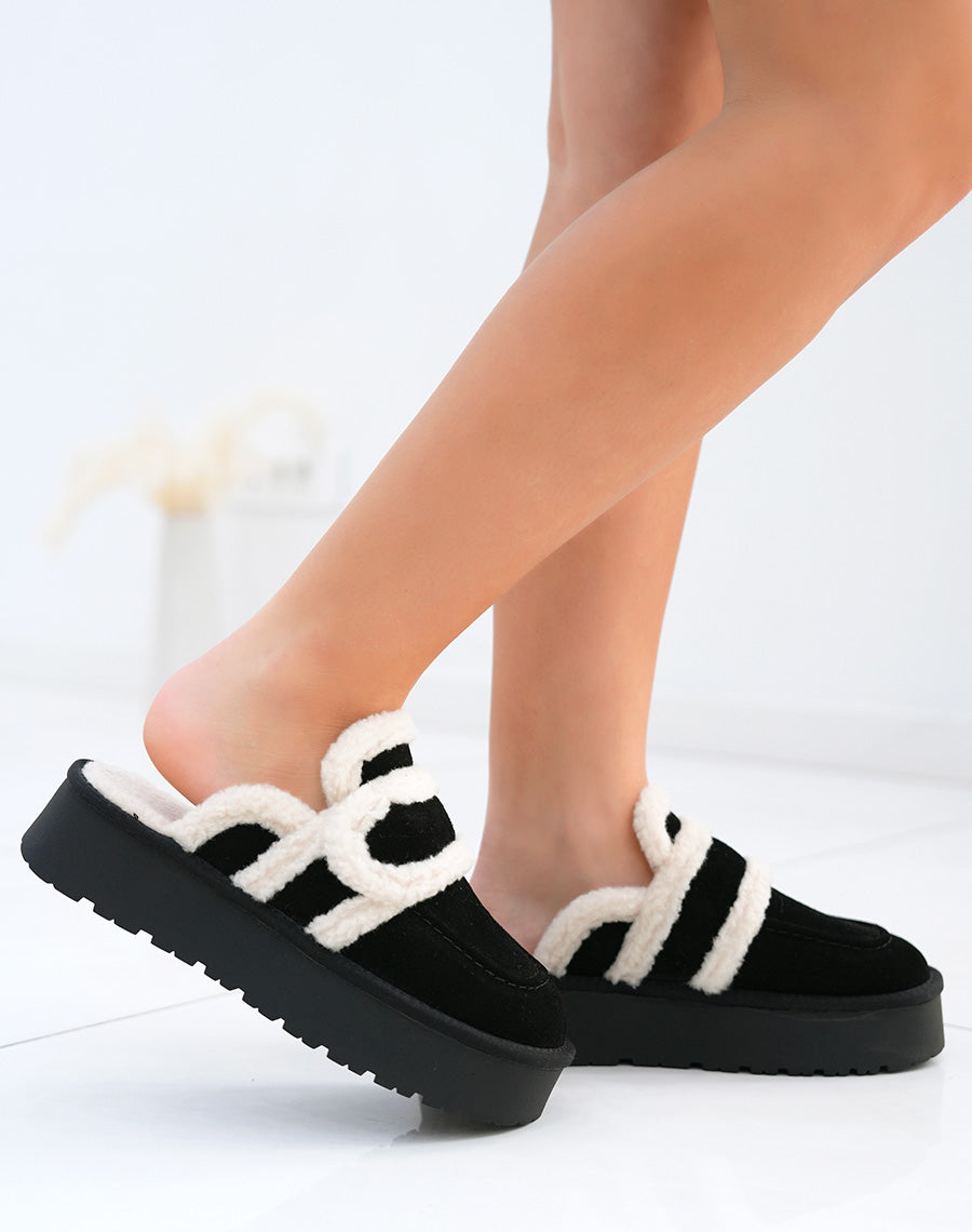 Mules femme noires en suédine cuir fourrée à plateforme et semelle crantée