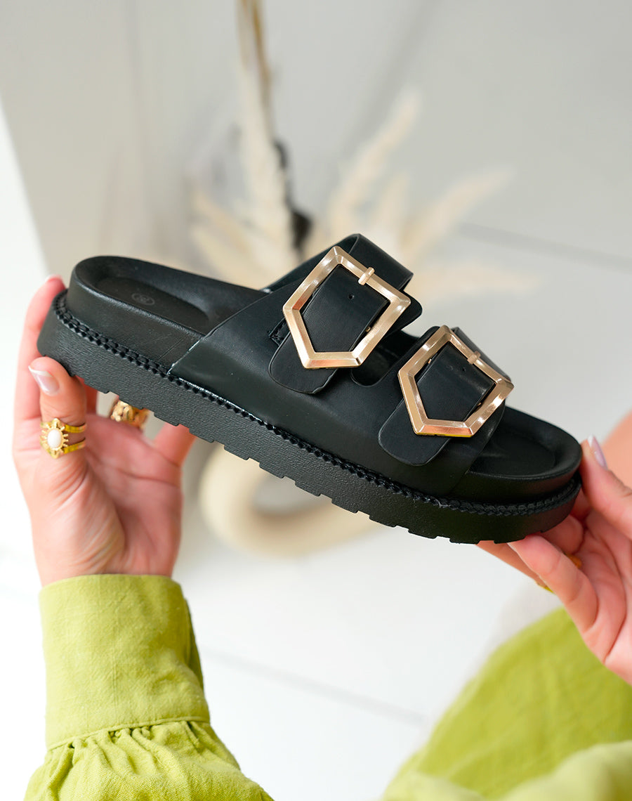 Mules Femme Noires Élégance Intemporelle et Détails Dorés