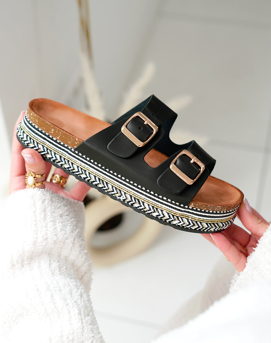 Mules Femme Noires à Plateforme et Double Sangle Tendance Été