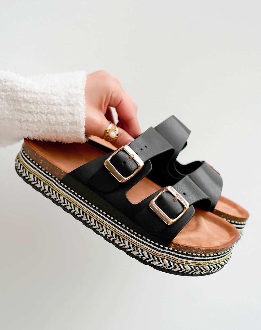 Mules Femme Noires à Plateforme et Double Sangle Tendance Été