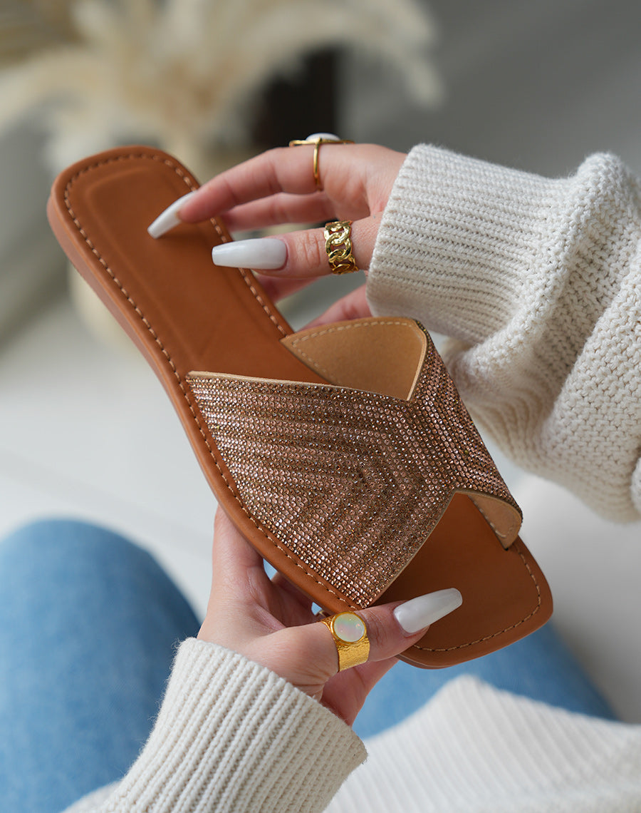 Mules Femme Rose Doré à Strass Confortables et Chics