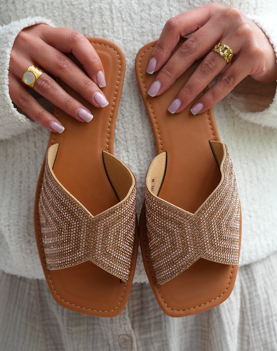 Mules Femme Rose Doré à Strass Confortables et Chics