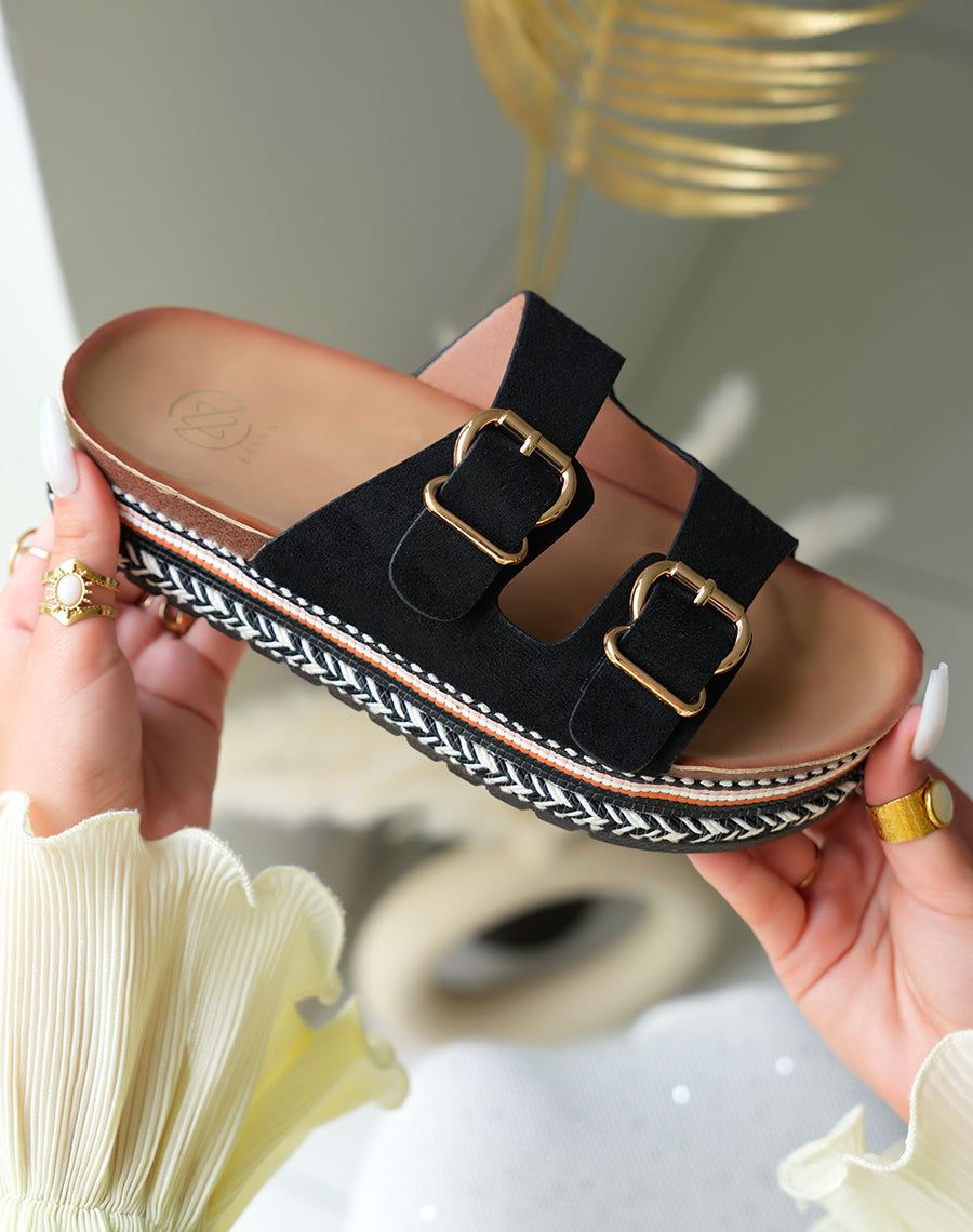 Mules femmes noires à double sangles avec détails aztèques