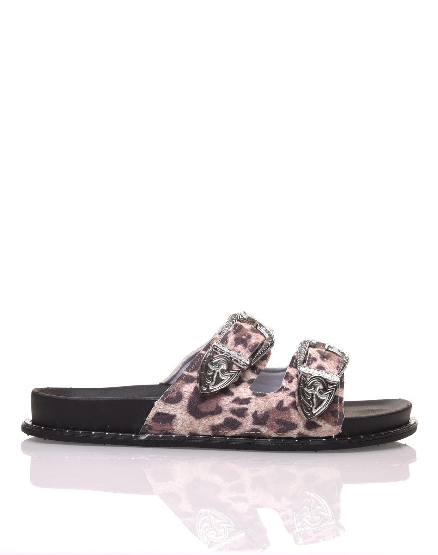 Mules imprimé léopard à boucles argent