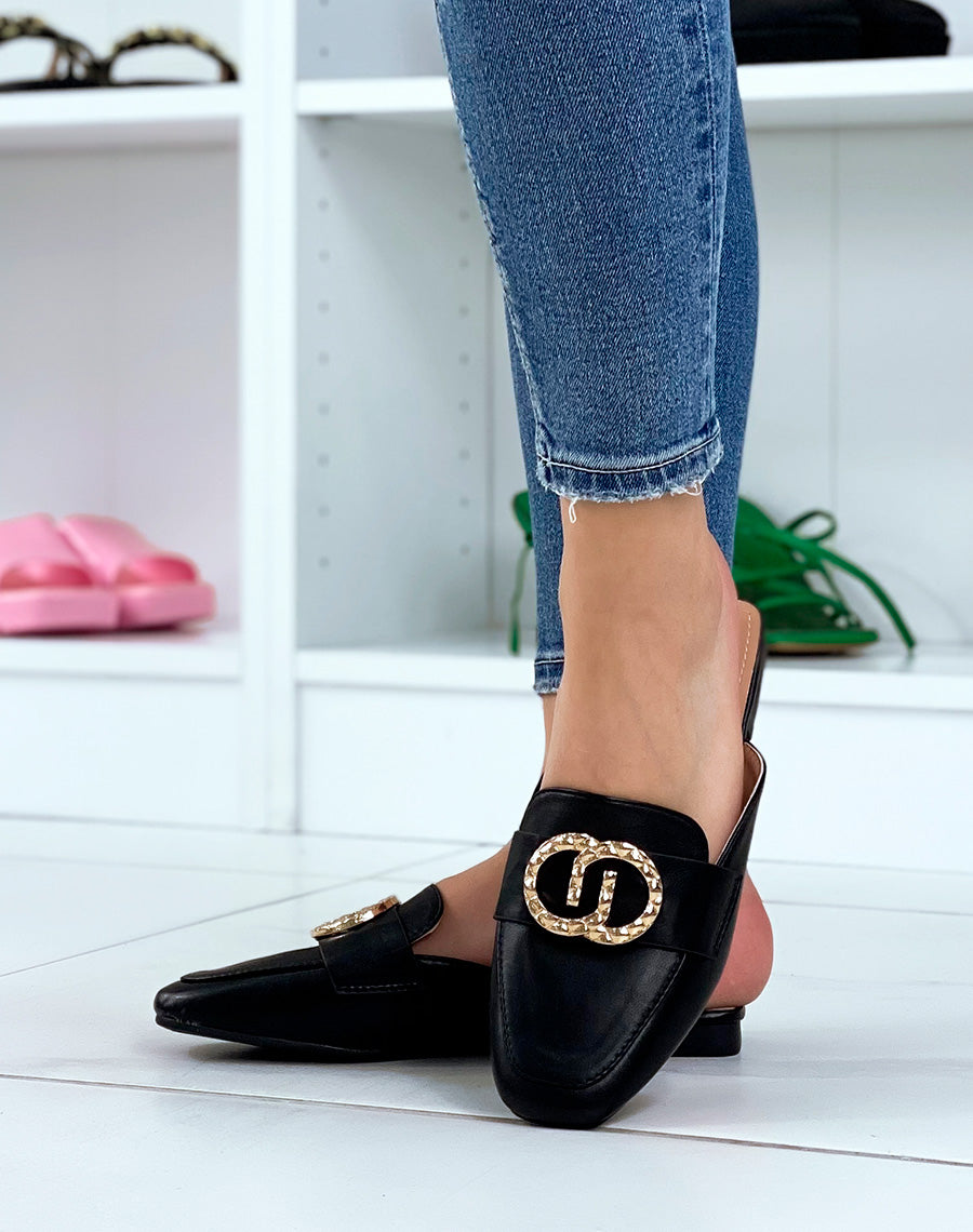 Mules mocassins noirs à bijoux doré avant