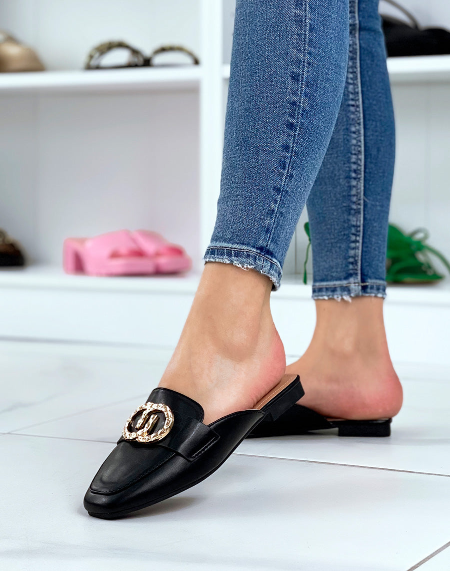 Mules mocassins noirs à bijoux doré avant