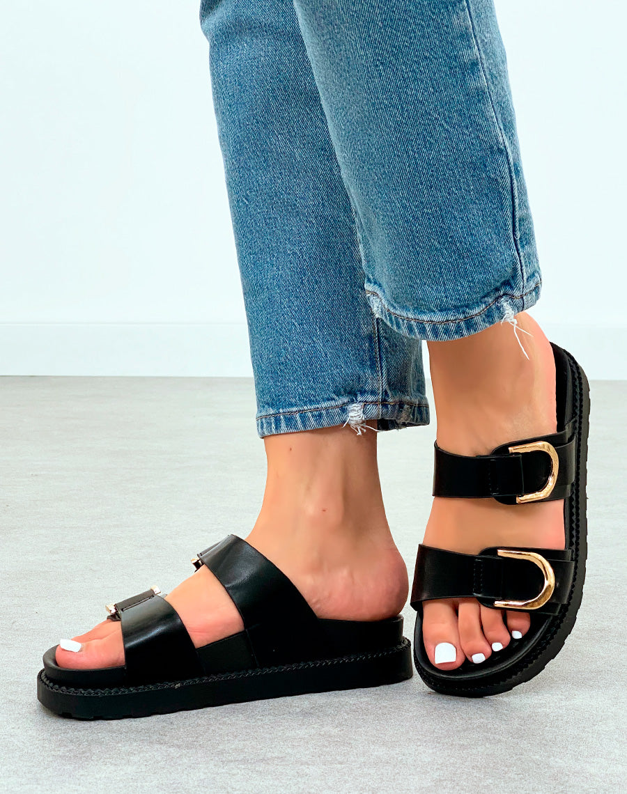 Mules Noires Classiques avec Double Sangle et Boucles Dorées – Un Essentiel Revisité