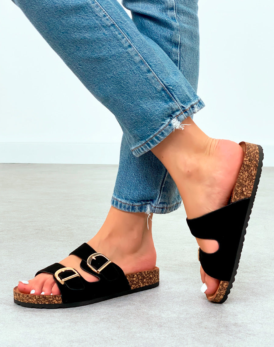 Mules Noires en Suédine avec Double Sangle et Semelle Compensée Marron – Allure Chic au Quotidien