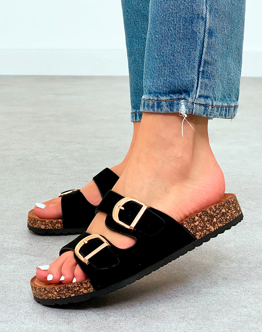 Mules Noires en Suédine avec Double Sangle et Semelle Compensée Marron – Allure Chic au Quotidien