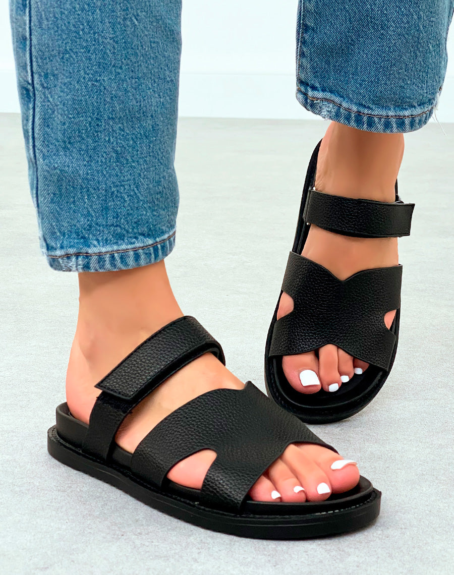 Mules Noires Grainées avec Lanière Scratch et Plateforme Discrète – Élégance au Quotidien