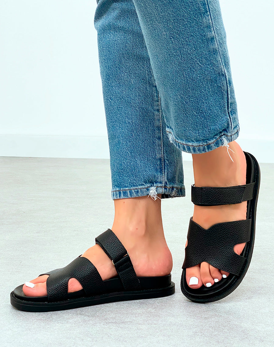 Mules Noires Grainées avec Lanière Scratch et Plateforme Discrète – Élégance au Quotidien