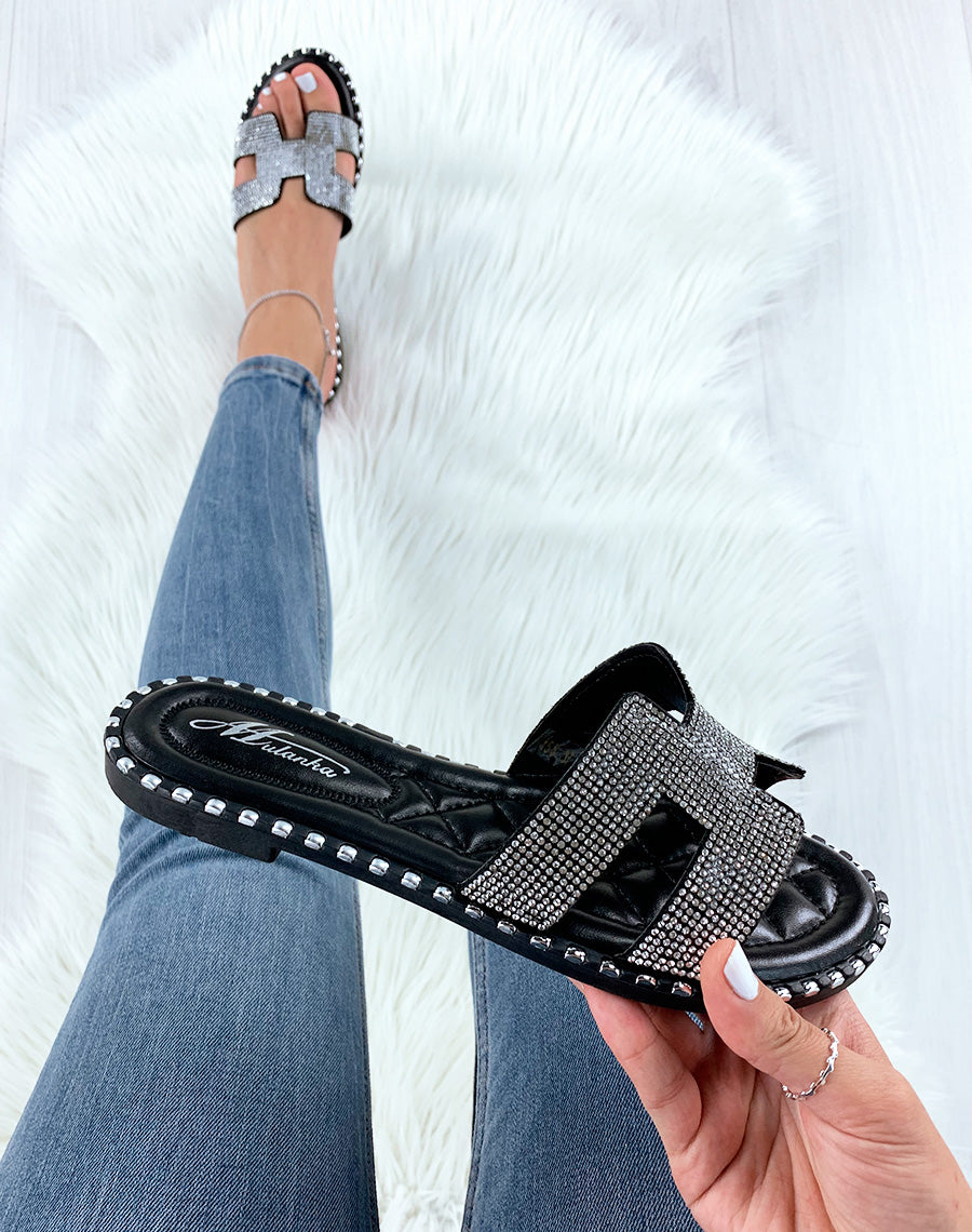 Mules noires à strass
