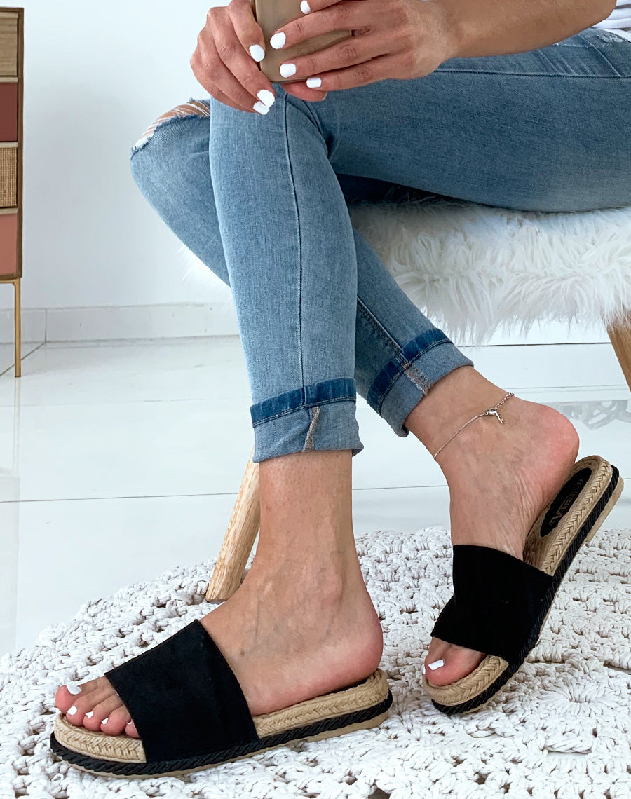 Mules noires suédine semelle en corde