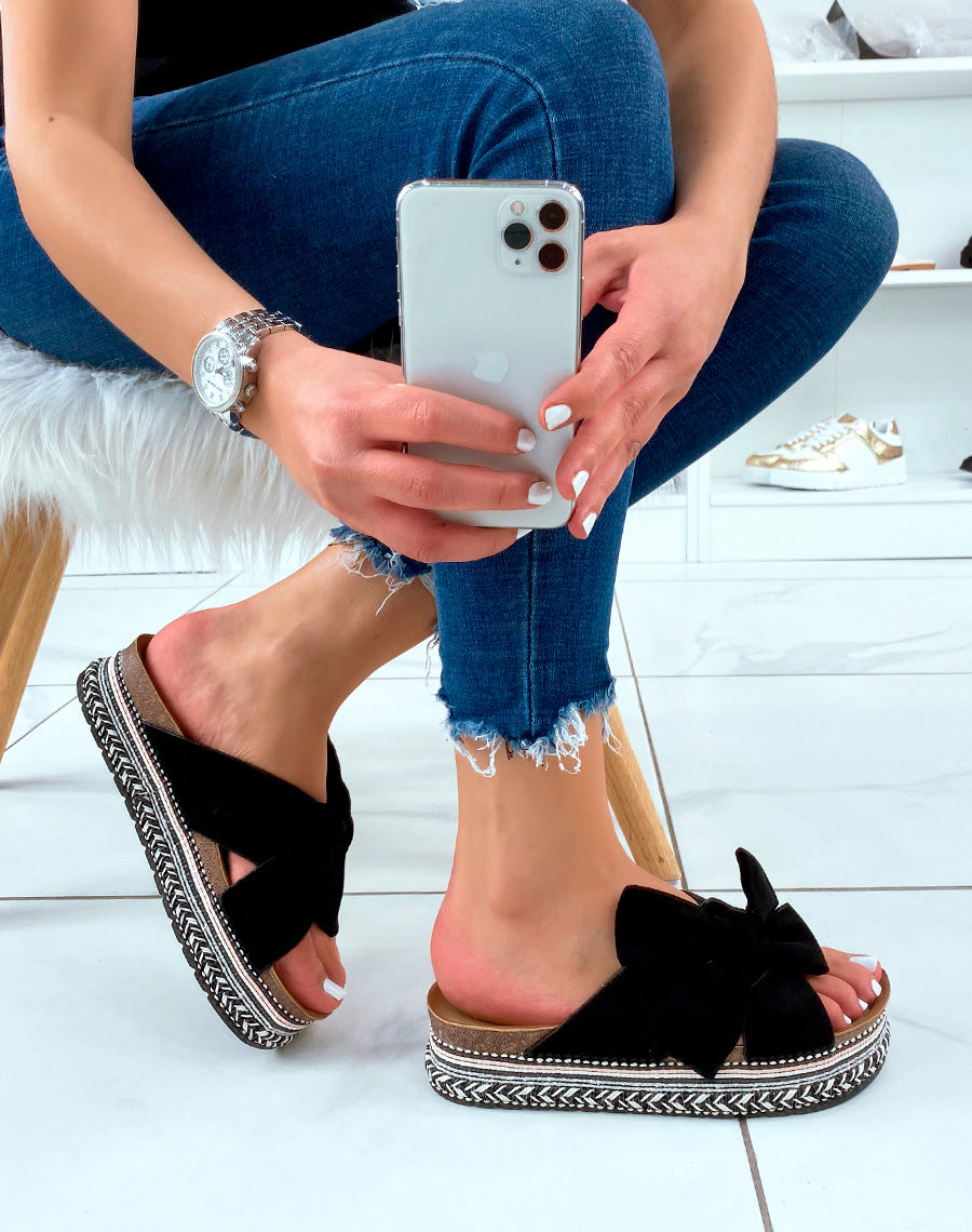 Mules à plateforme en suédine noire à gros noeud