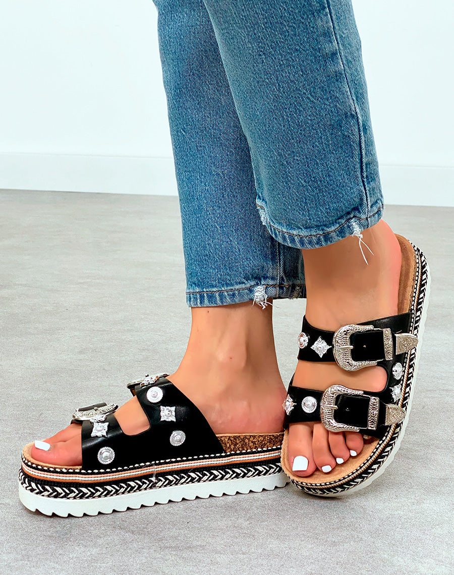 Mules Plateforme Femme Noires Bijoux Argentés et Tissage Ethnique