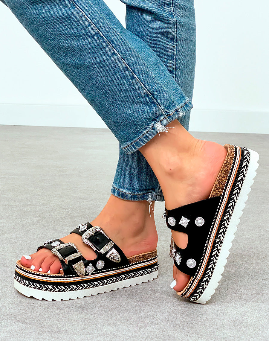 Mules Plateforme Femme Noires Bijoux Argentés et Tissage Ethnique