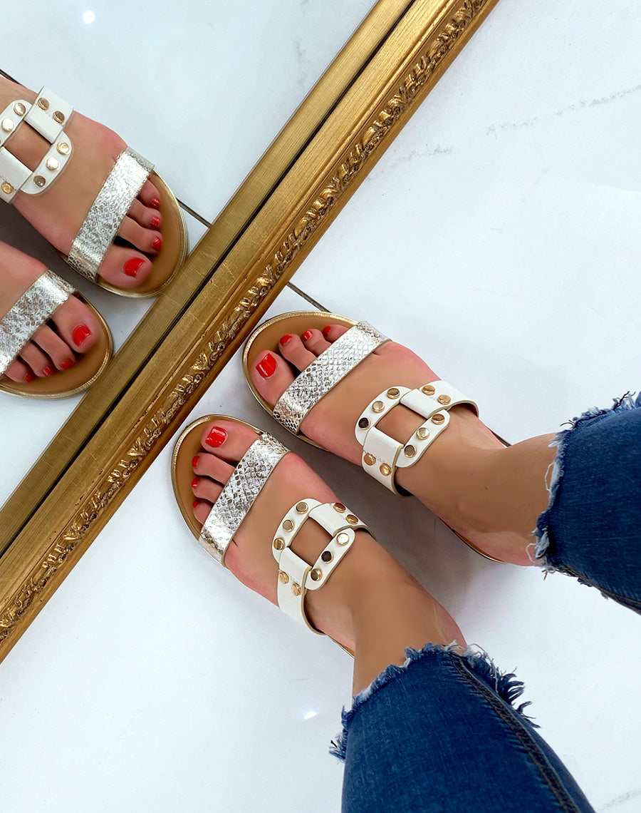 Mules plates beige à détails dorés et imprimé animalier