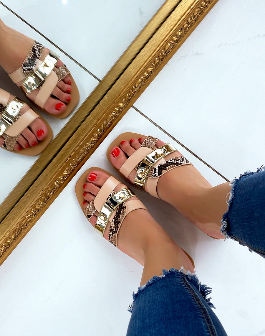 Mules plates beige rosé à brides entremêlées et détails python et dorés