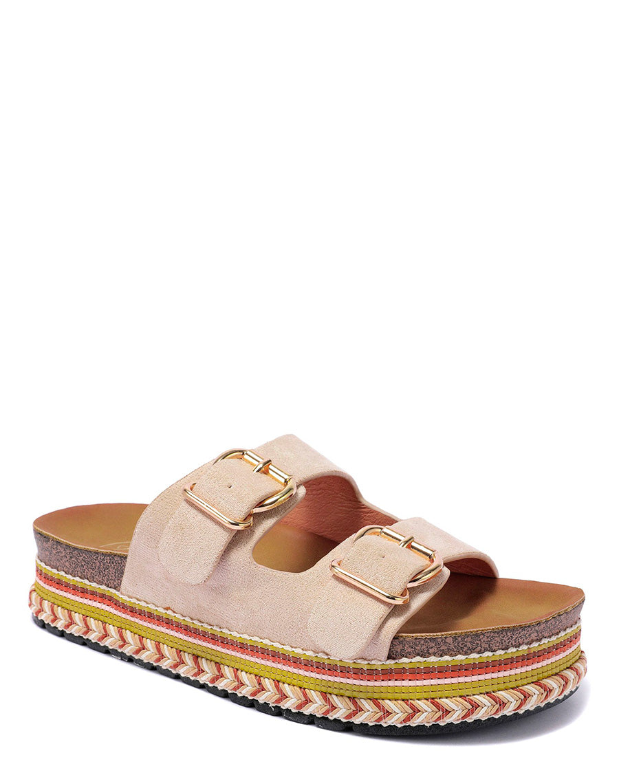 Mules plates beiges à double bride et semelle aztèque