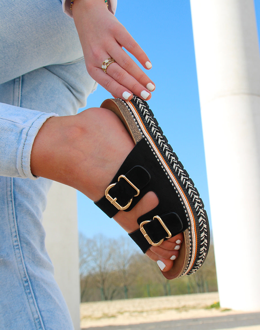 Mules plates noires à double bride et semelle aztèque