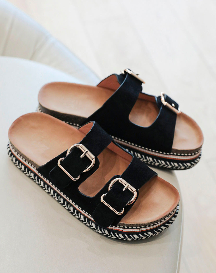 Mules plates noires à double bride et semelle aztèque