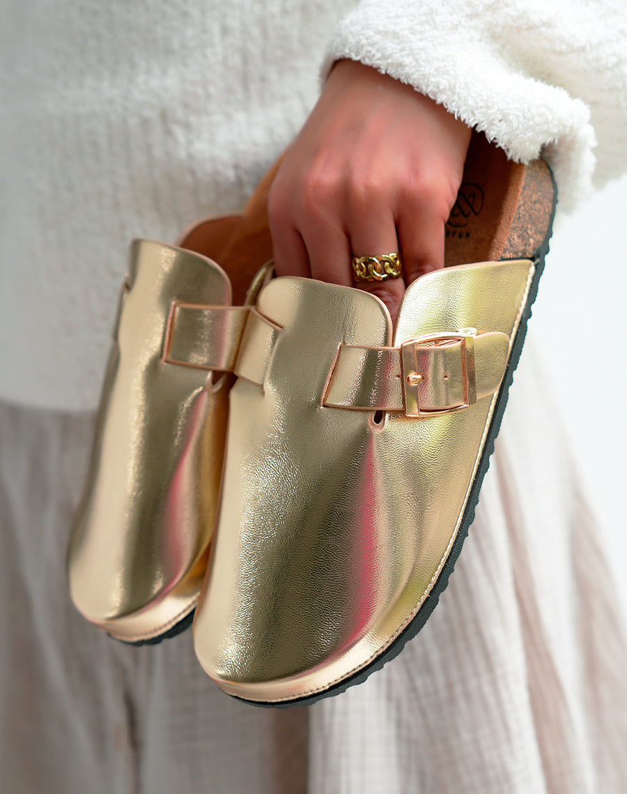 Mules Sabots Femme Dorées avec Boucle – Éclat Tendance pour Un Look Lumineux