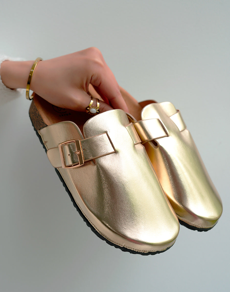 Mules Sabots Femme Dorées avec Boucle – Éclat Tendance pour Un Look Lumineux