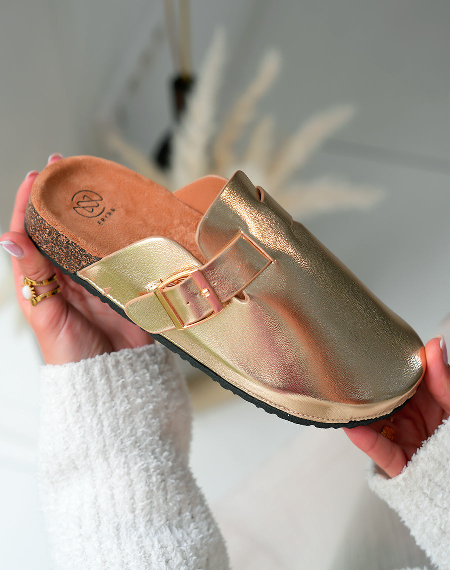 Mules Sabots Femme Dorées avec Boucle – Éclat Tendance pour Un Look Lumineux
