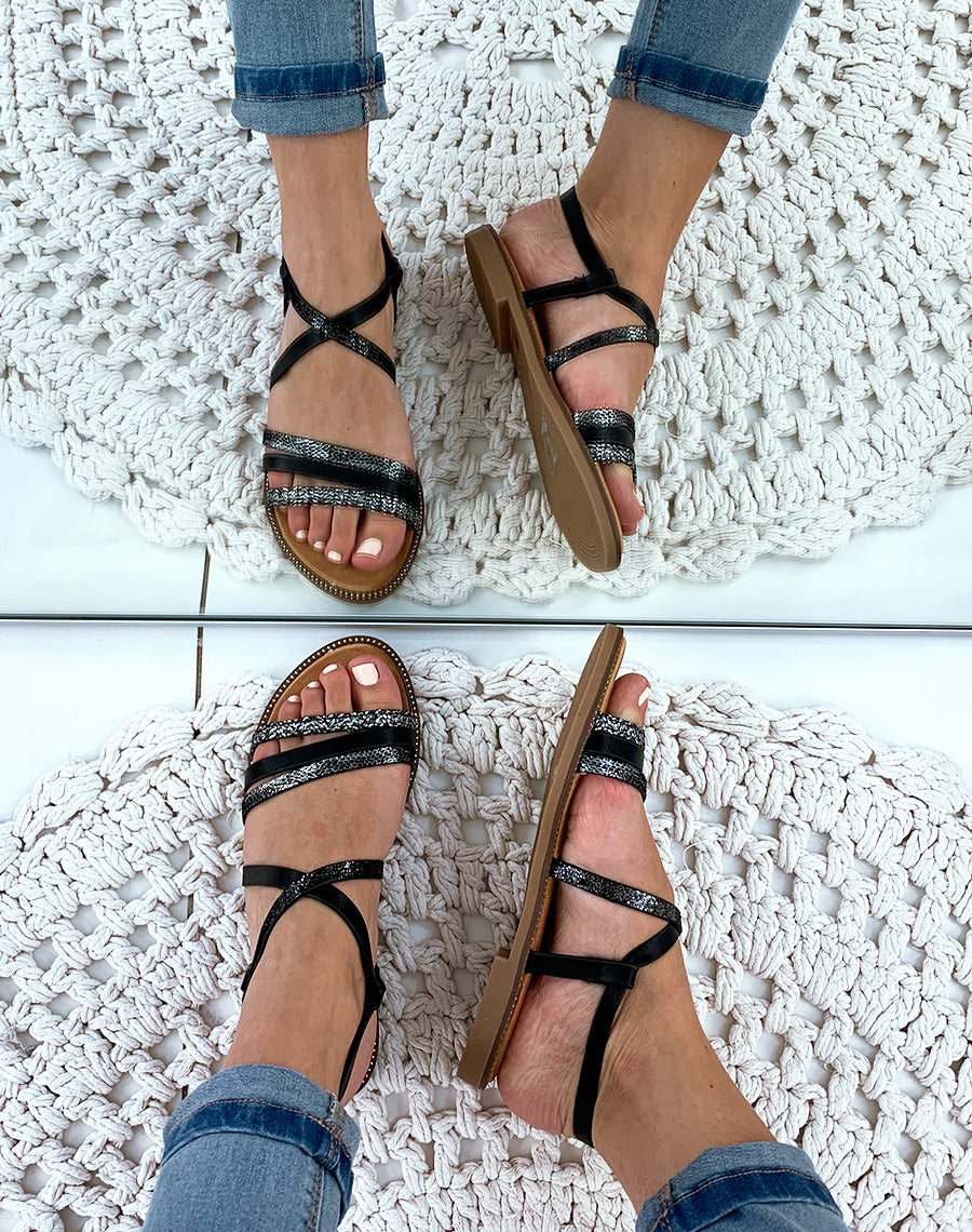 Nu-pied noir à brides imprimé peau de serpent