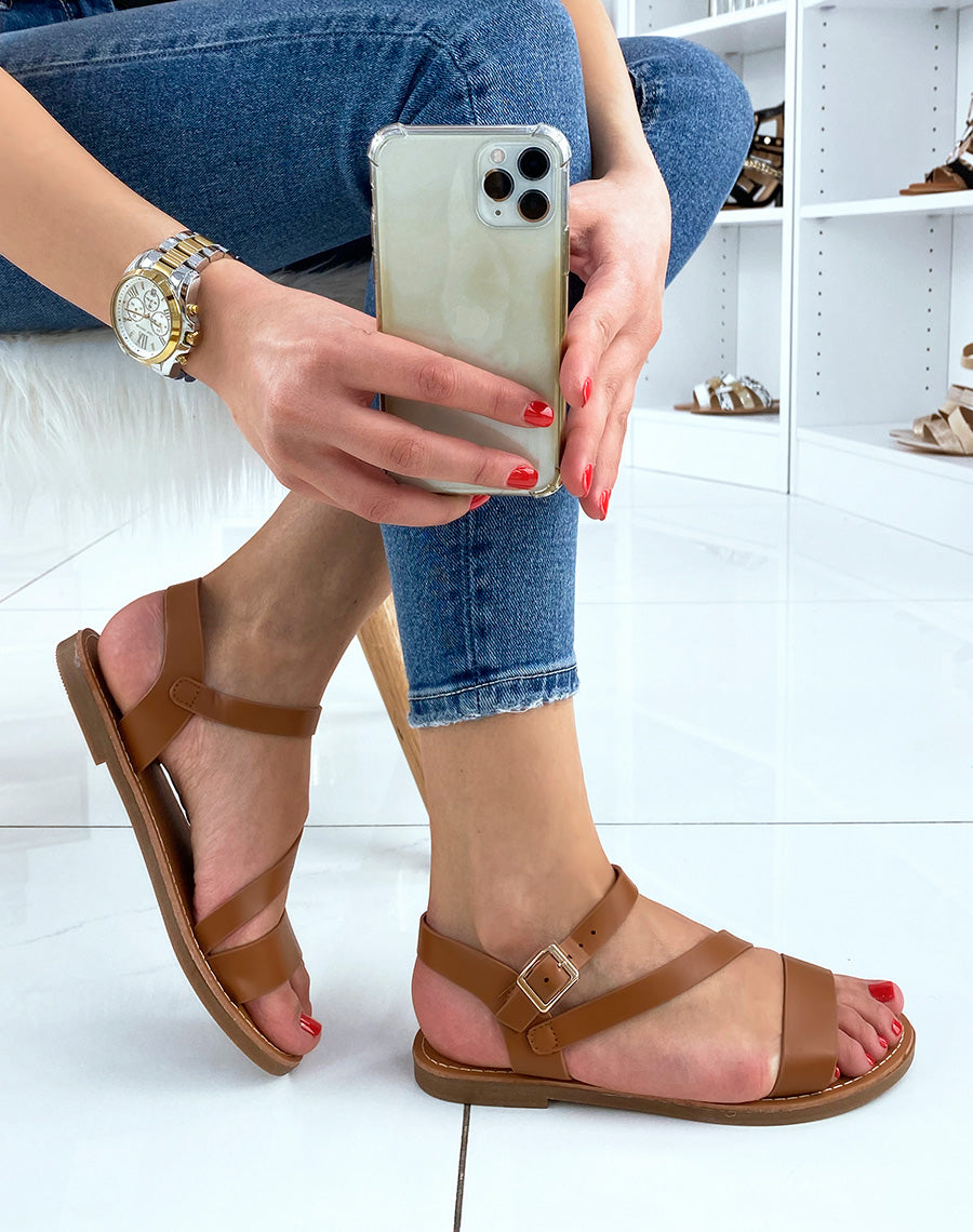 Nu-pieds camel à brides asymétriques