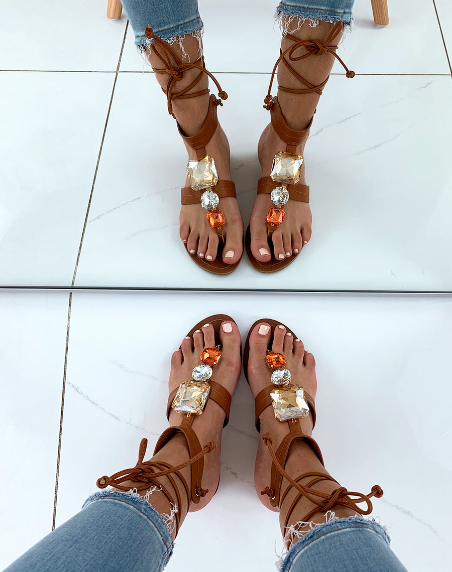 Nu-pieds camel à strass