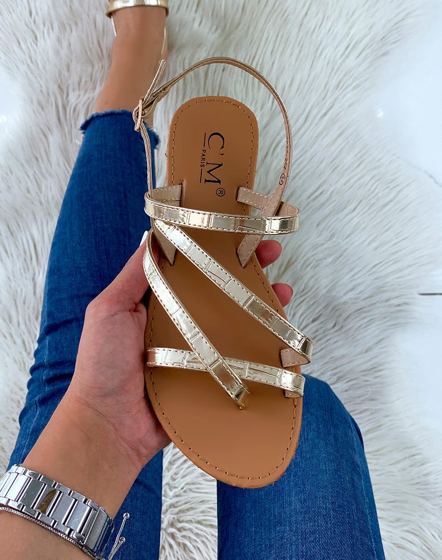 Nu-pieds dorés effet croco à multiples lanières entrecroisées