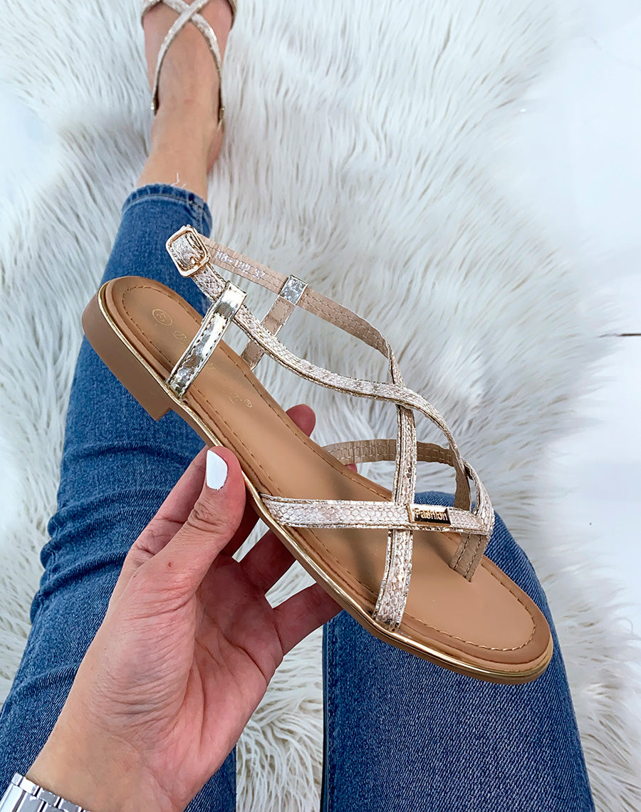 Nu-pieds dorés effet snake à multiples brides