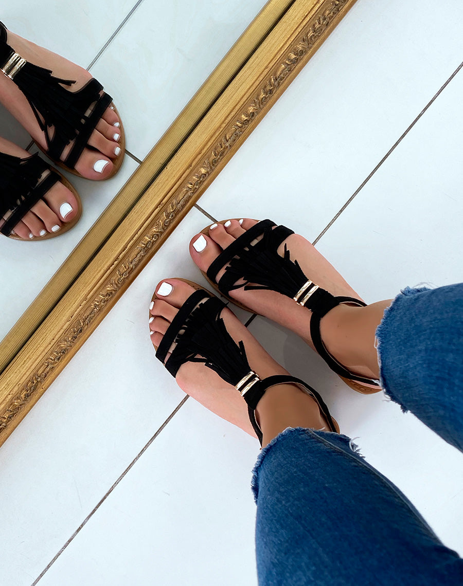 Nu-pieds en suédine noires à frange et détail doré
