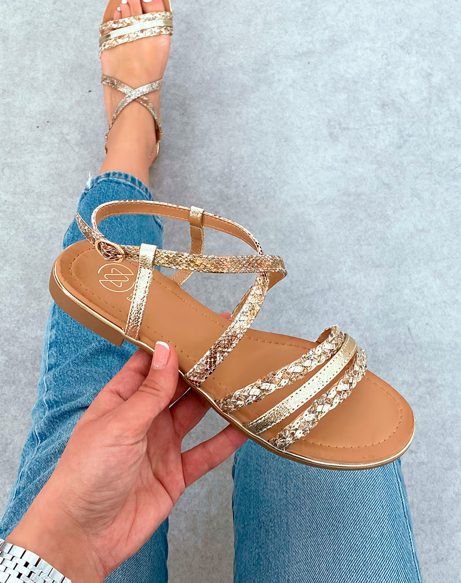 Nu-pieds Femme effet serpent à multiples brides à détail dorée et corde 