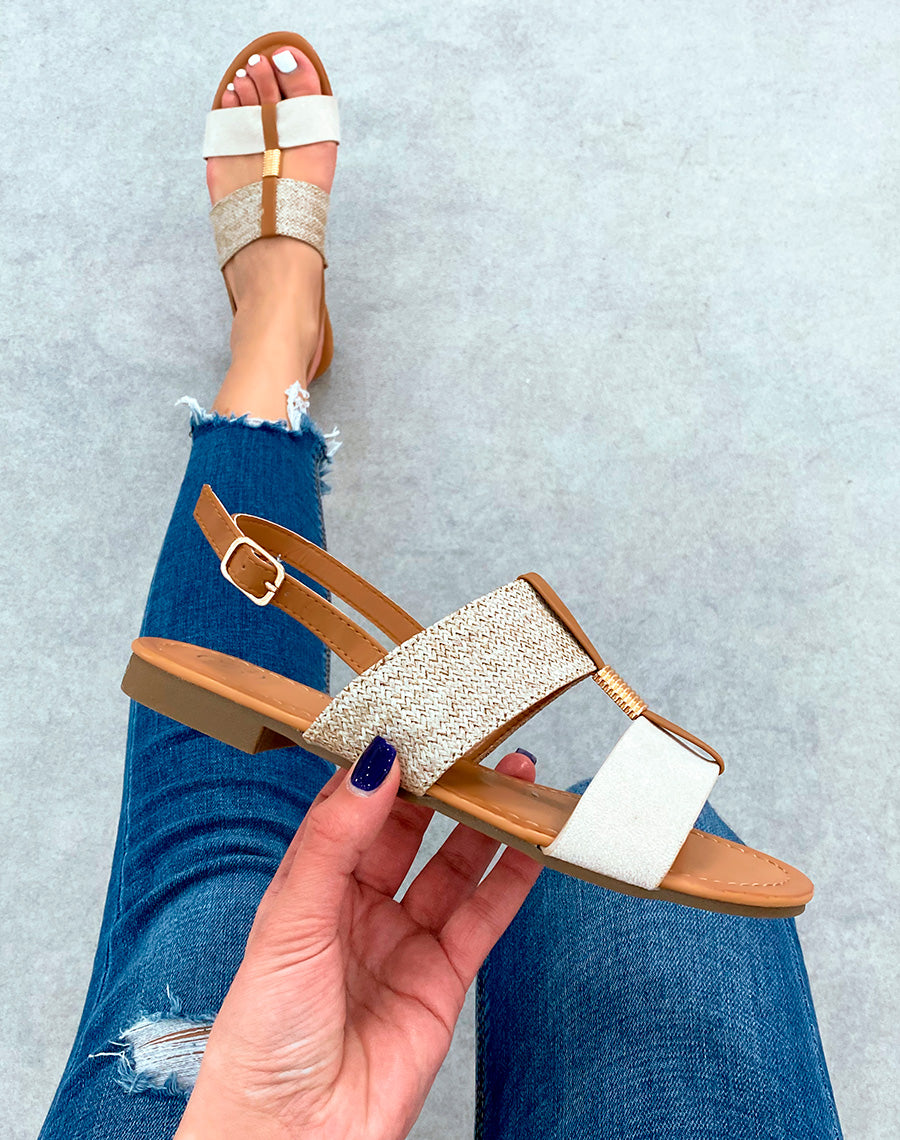 Nu-pieds à grosses lanières beige et toile de jute