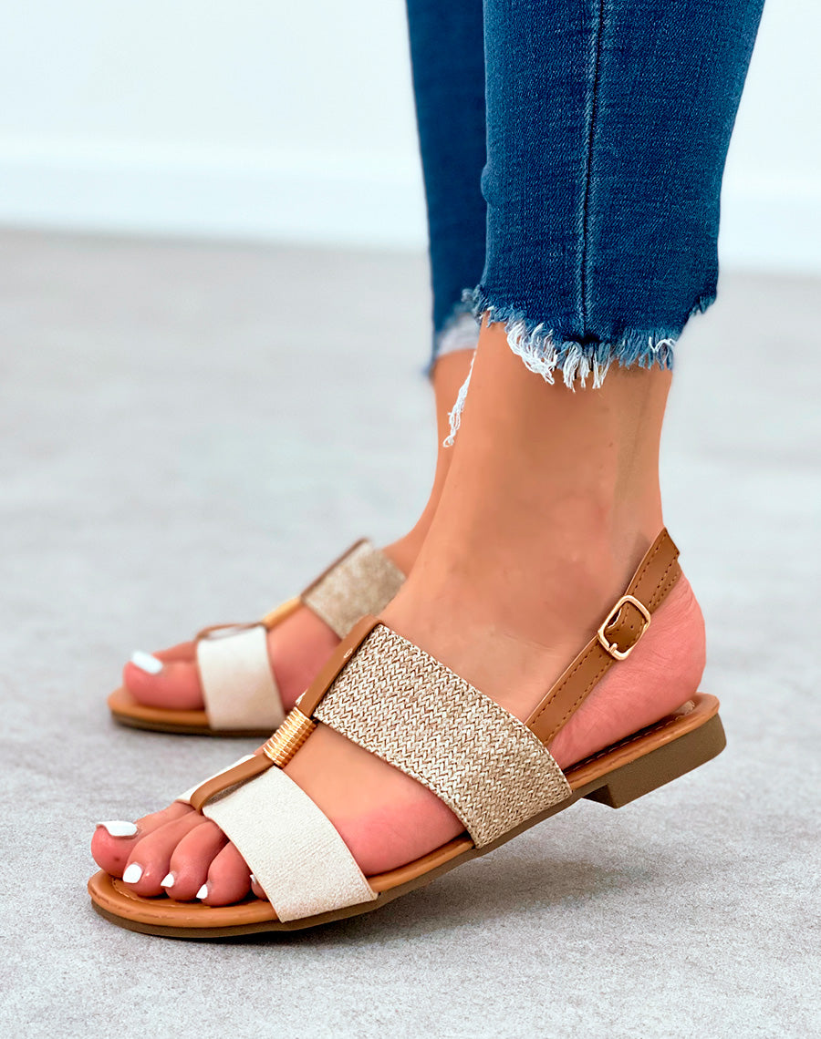 Nu-pieds à grosses lanières beige et toile de jute