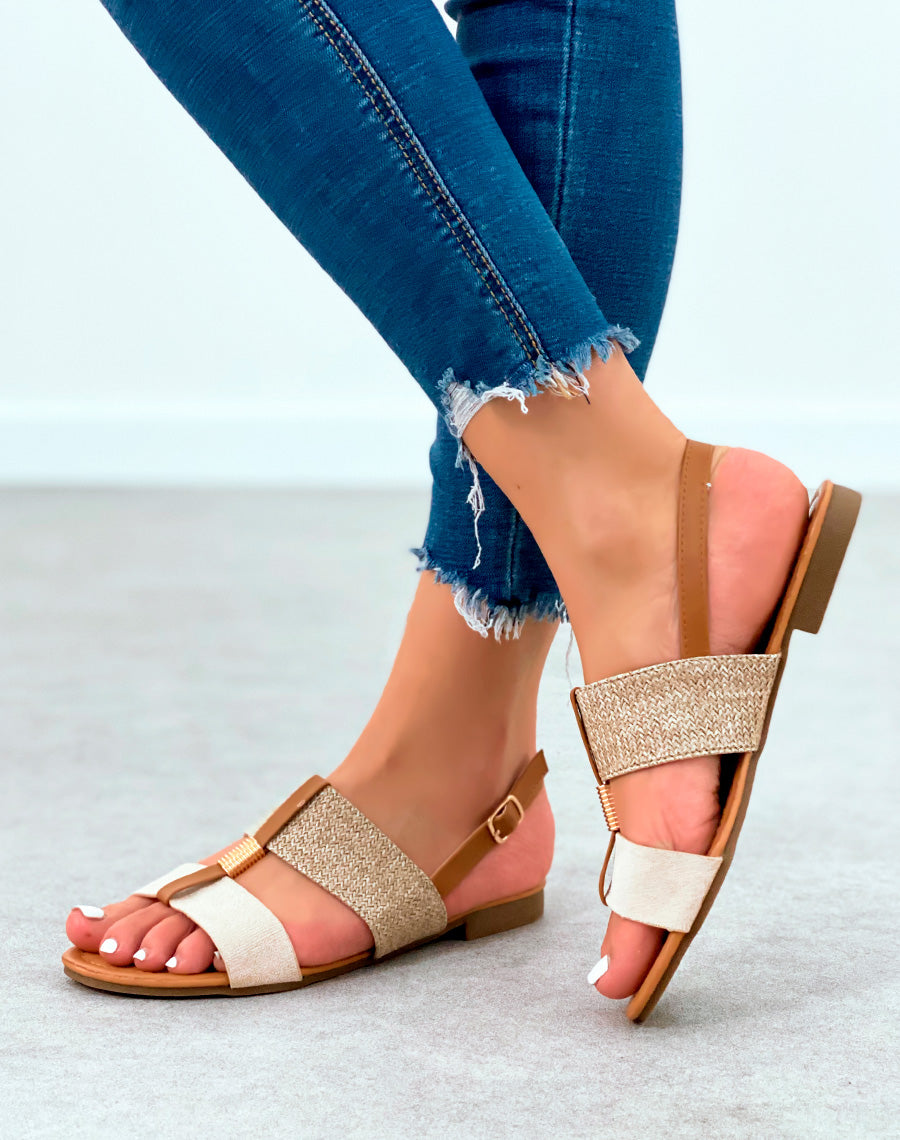 Nu-pieds à grosses lanières beige et toile de jute