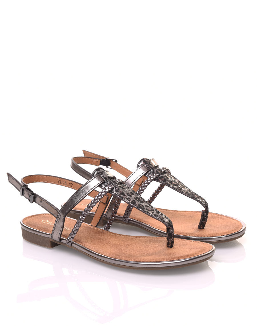 Nu-pieds noir à lanière central léopard