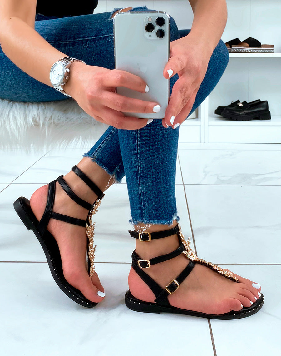 Nu-pieds noirs à bijoux dorés strassés